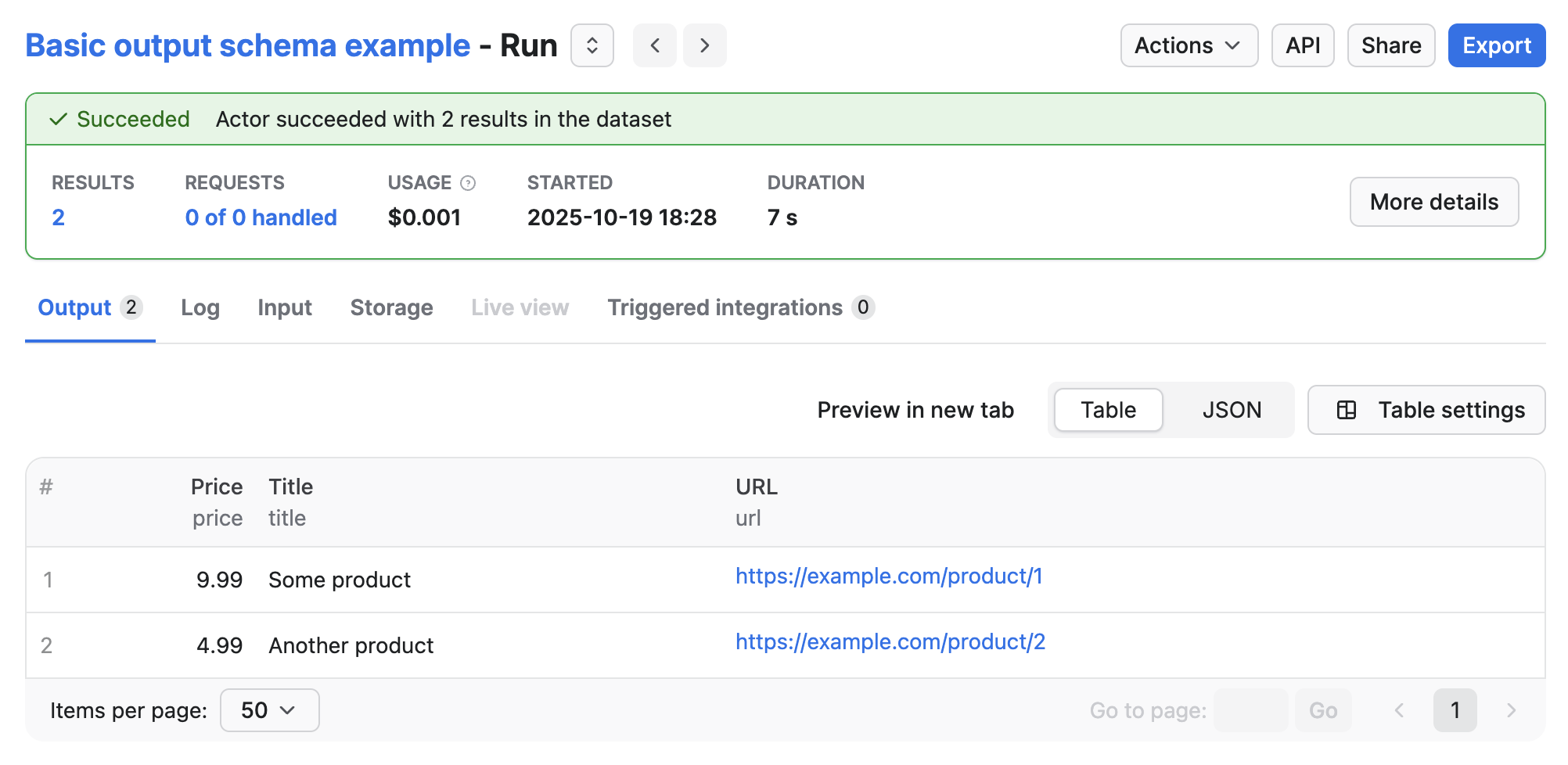 Output tab in Run